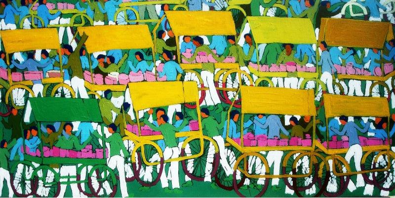 contemporary acrylic painting titled 'Village', 48x24 inches, by artist Kumar Ranjan on Canvas