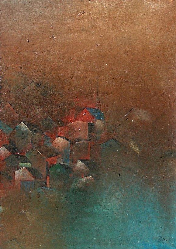 Abstract acrylic painting titled 'Village', 34x24 inches, by artist M Singh on Canvas