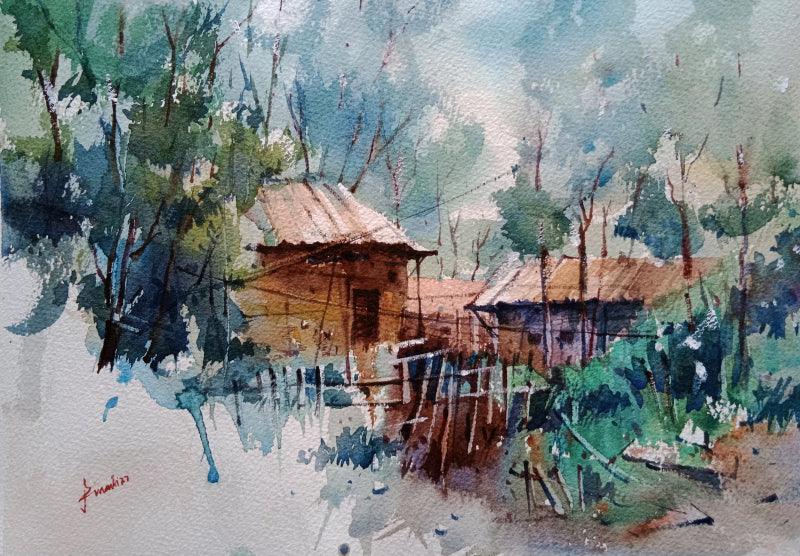 Landscape watercolor painting titled 'Village', 14x10 inches, by artist Prasanta Maiti on Paper