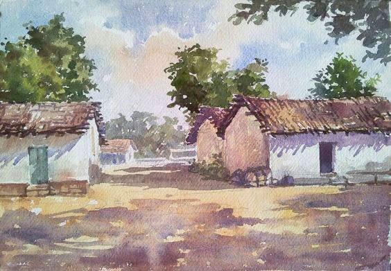 Landscape watercolor painting titled 'Village', 11x15 inches, by artist Gaurishankar Behera on Paper