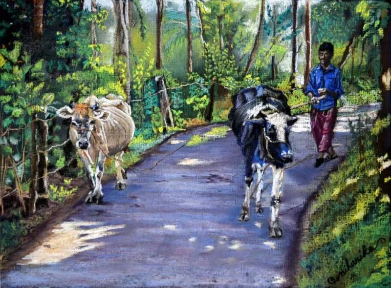 Landscape pastel titled 'Village', 15x19 inches, by artist Niharika Garg on Chowky board Framed