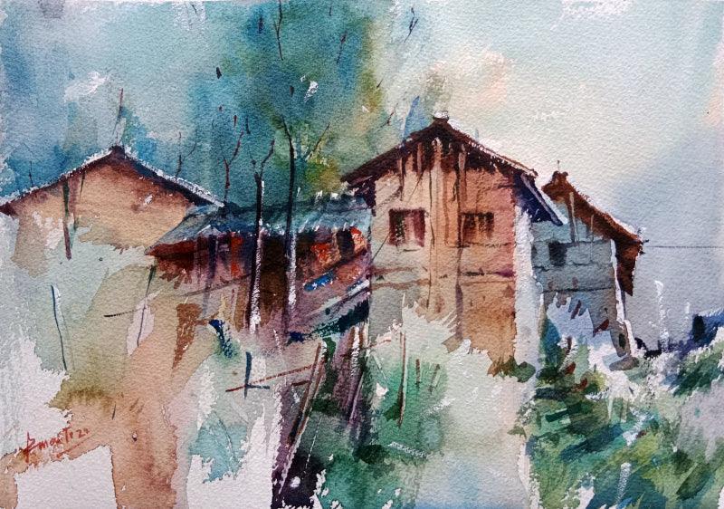 Nature watercolor painting titled 'Village', 14x10 inches, by artist Prasanta Maiti on Paper