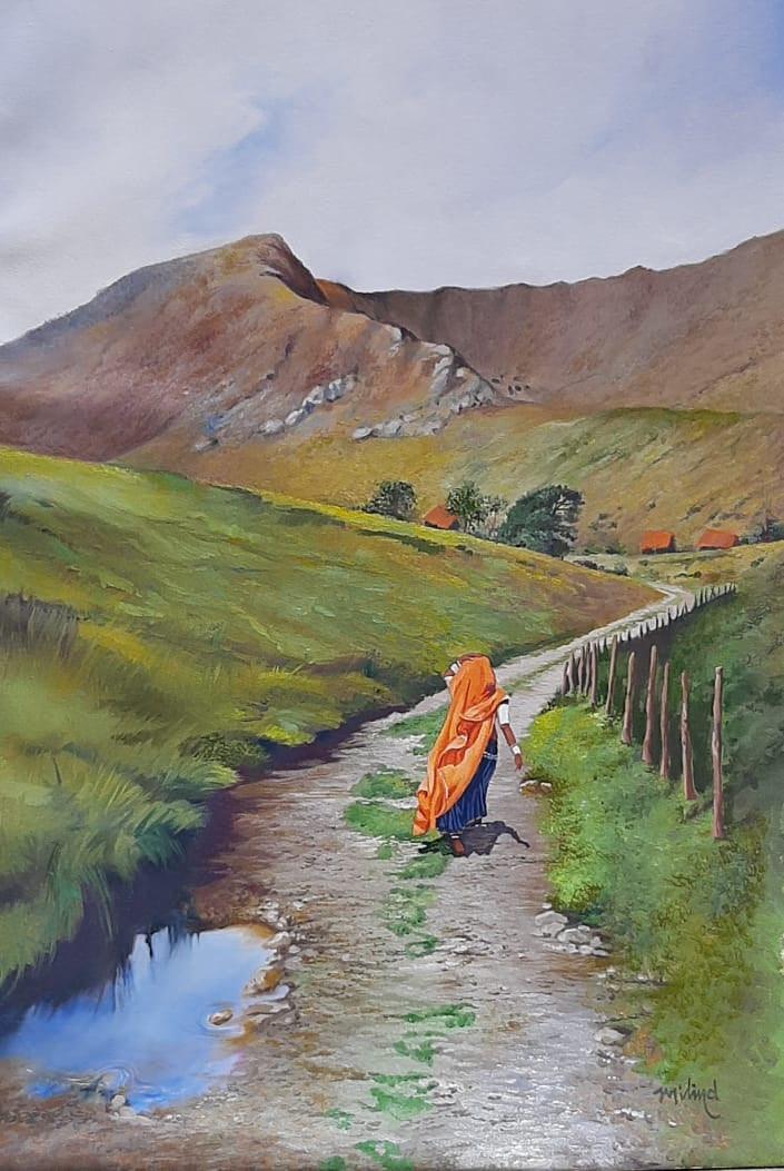 Figurative oil painting titled 'Village', 36x24 inches, by artist Milind Varangaonkar on Canvas