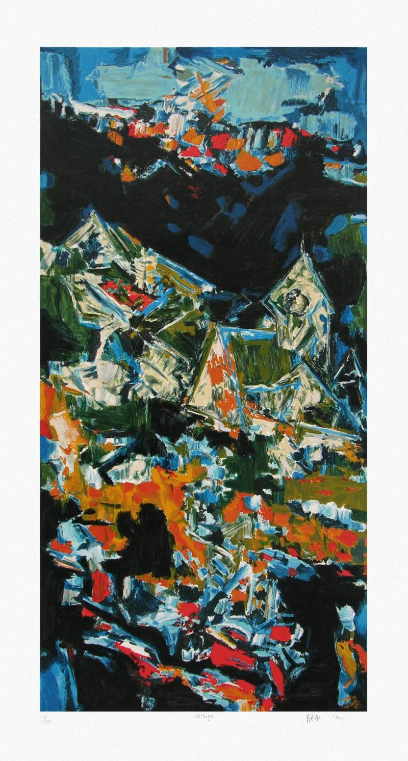 Cityscape serigraphs painting titled 'Village', 60x32 inches, by artist S. H. Raza on Paper