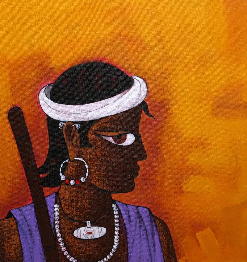 Figurative acrylic painting titled 'Village Boy', 18x18 inches, by artist GAJRAJ CHAVAN on Canvas