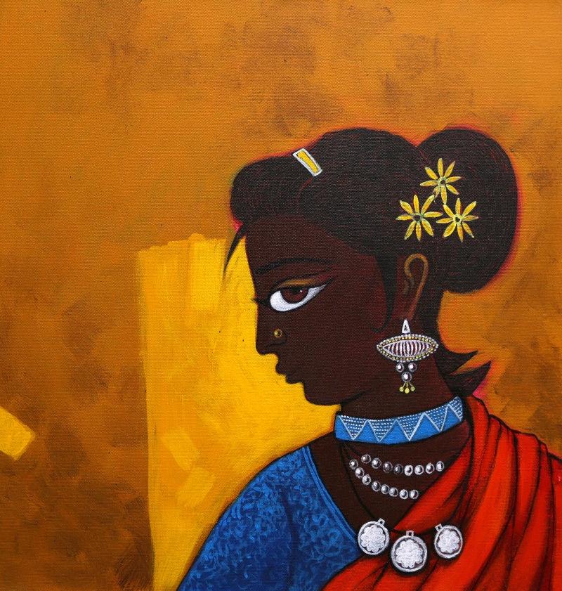 Figurative acrylic painting titled 'Village Girl', 18x18 inches, by artist GAJRAJ CHAVAN on Canvas