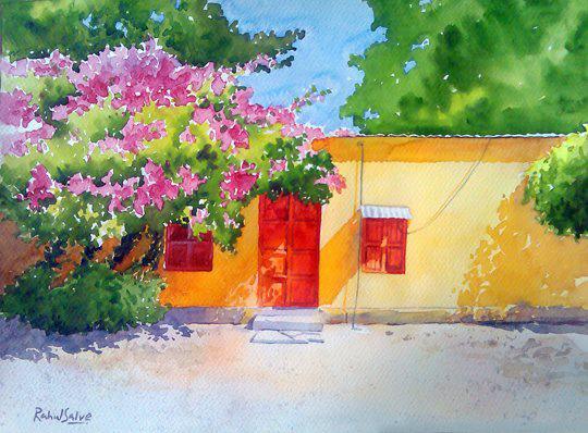 Landscape watercolor painting titled 'Village House', 15x11 inches, by artist Rahul Salve on Paper