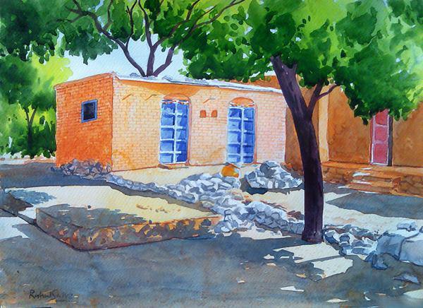 Landscape watercolor painting titled 'Village House', 15x11 inches, by artist Rahul Salve on Paper