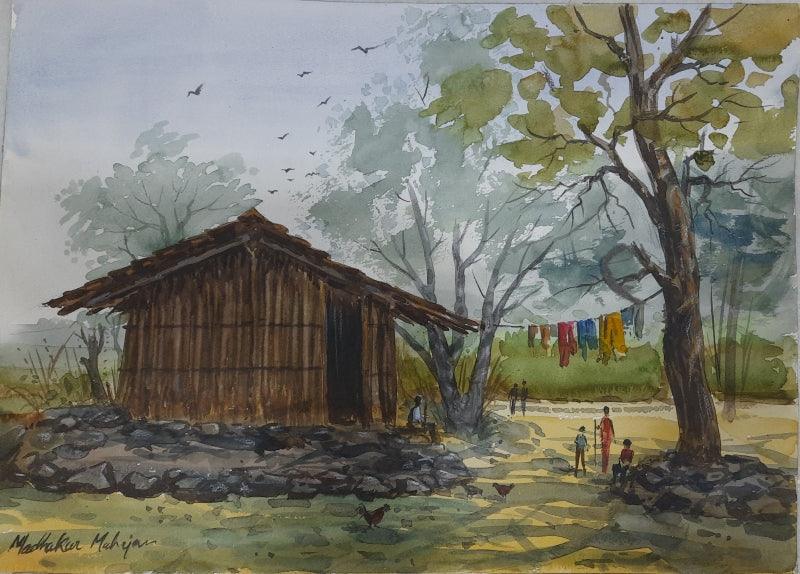 Landscape watercolor painting titled 'Village House', 12x16 inches, by artist Madhukar Mahajan on Paper