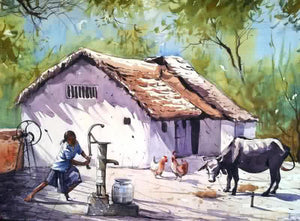Landscape watercolor painting titled 'Village House', 30x22 inches, by artist Amit Kapoor on Handmade Paper