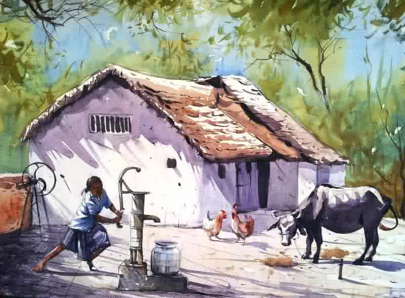 Landscape watercolor painting titled 'Village House', 30x22 inches, by artist Amit Kapoor on Handmade Paper
