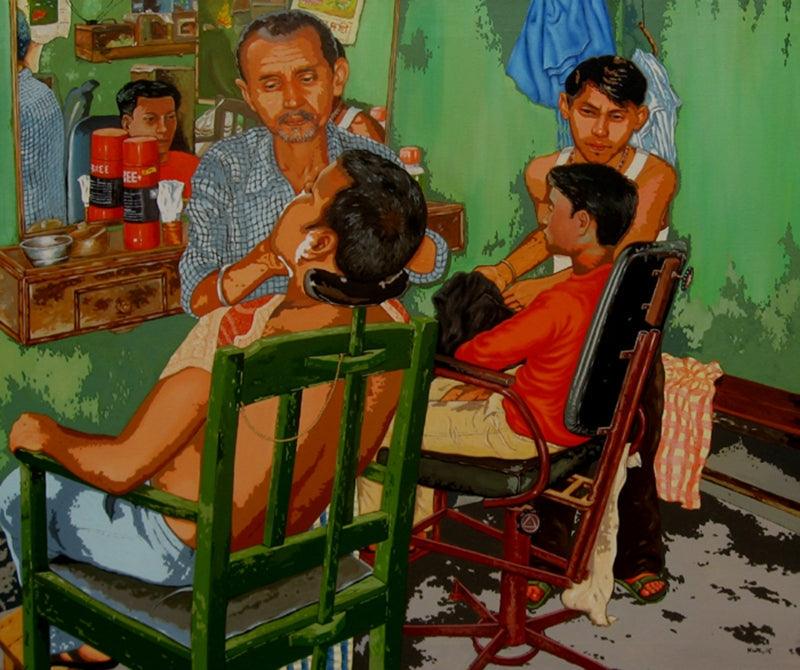 Figurative acrylic painting titled 'Village Life', 30x36 inches, by artist Nur Ali on Canvas