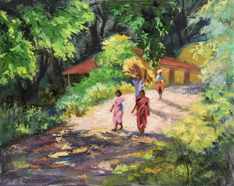 Landscape oil painting titled 'Village Life', 24x30 inches, by artist Swapniil Paatil on Canvas