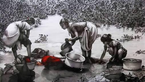 Animals charcoal drawing titled 'Village Life', 30x48 inches, by artist Yuvraj Patil on Canvas