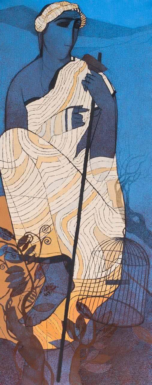 Figurative acrylic painting titled 'Village Man', 60x24 inches, by artist Siddharth Shingade on Canvas