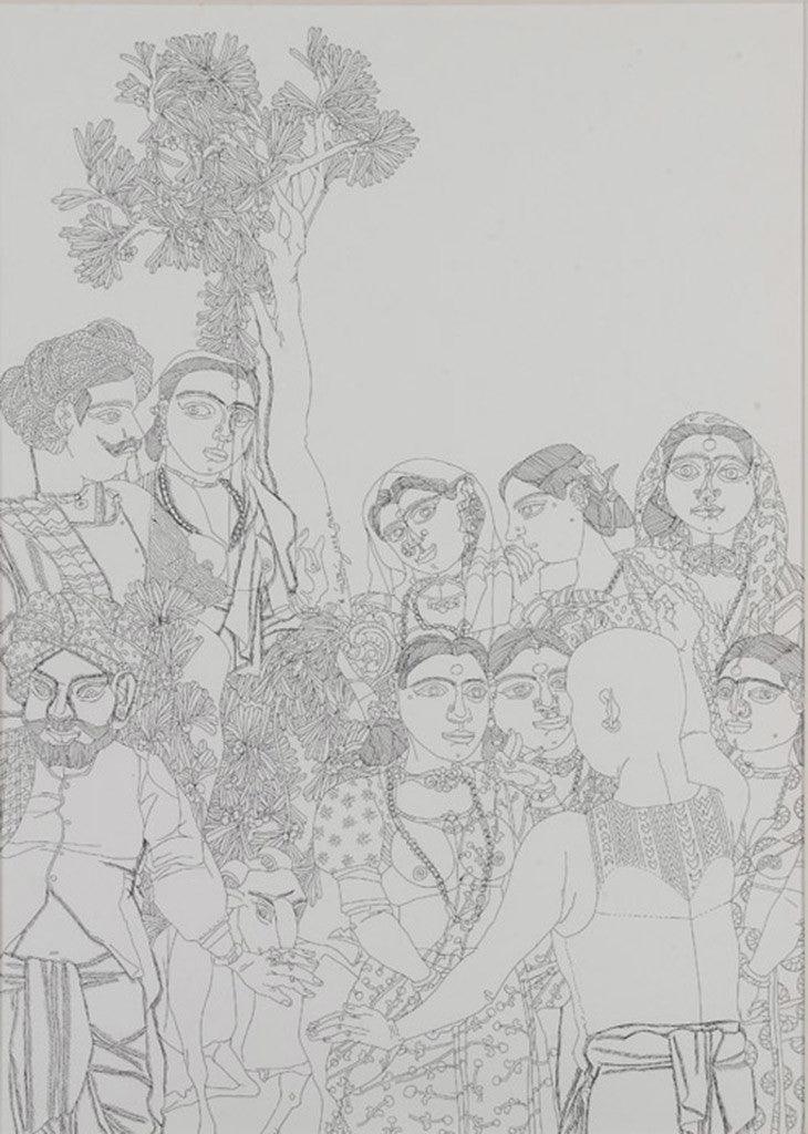 Figurative pencil drawing titled 'Village Scene 4', 16x12 inches, by artist Laxma Goud on Paper