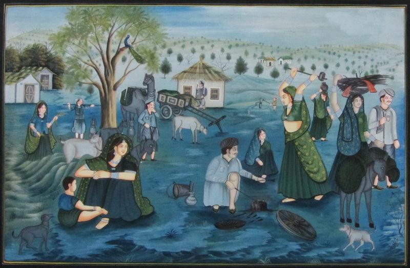 Figurative miniature traditional art titled 'Village Scene', 24x36 inches, by artist E Craft on Silk