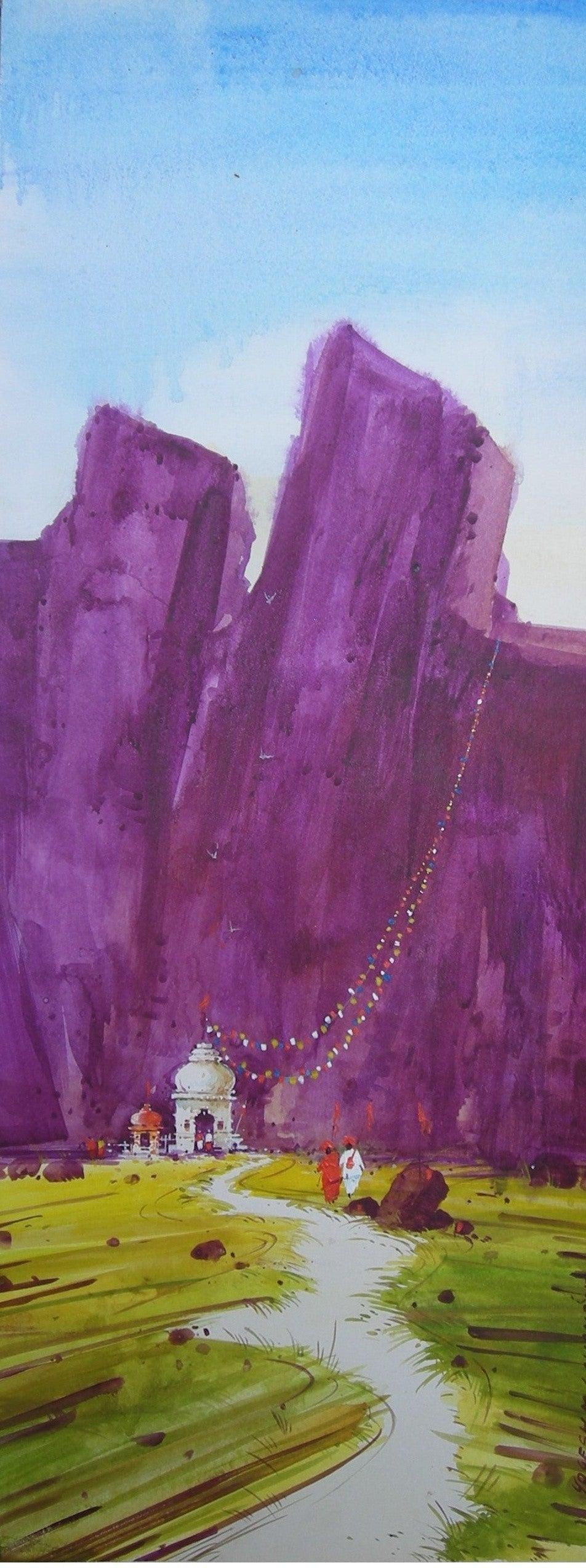 Landscape watercolor painting titled 'Village Temple', 12x24 inches, by artist Yogesh Lahane on Paper