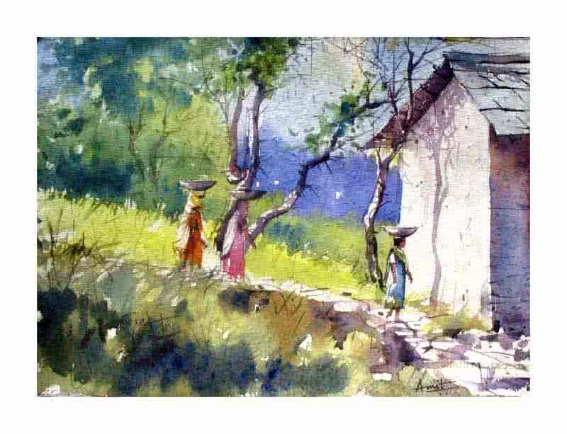 Landscape watercolor painting titled 'Village Women', 15x11 inches, by artist Amit Kapoor on Handmade Paper