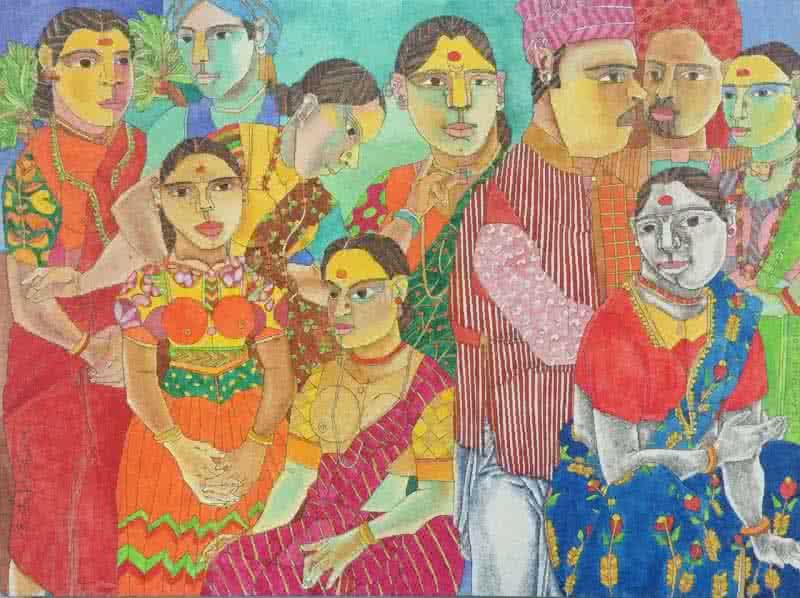 Figurative mixed media painting titled 'Village scene 1', 9x12 inches, by artist Laxma Goud on Paper