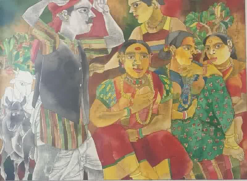 Figurative mixed media painting titled 'Village scene 2', 9x12 inches, by artist Laxma Goud on Paper