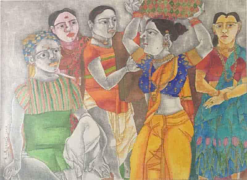 Figurative mixed media painting titled 'Village scene 3', 9x12 inches, by artist Laxma Goud on Paper