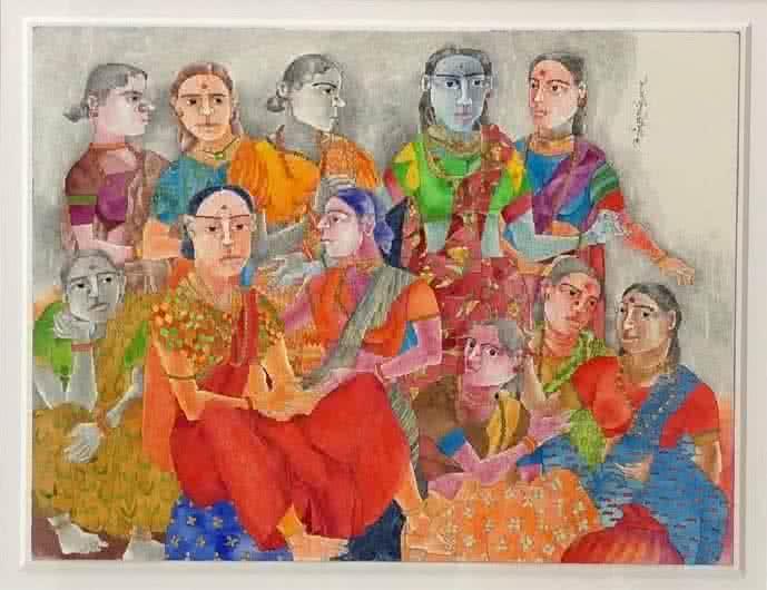 Figurative mixed media painting titled 'Village scene 4', 12x16 inches, by artist Laxma Goud on Paper