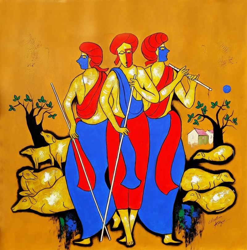 contemporary acrylic painting titled 'Villager', 36x36 inches, by artist Chetan Katigar on Canvas