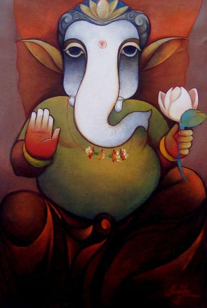 Religious acrylic painting titled 'Vinayaka', 36x27 inches, by artist Ram Onkar on Canvas