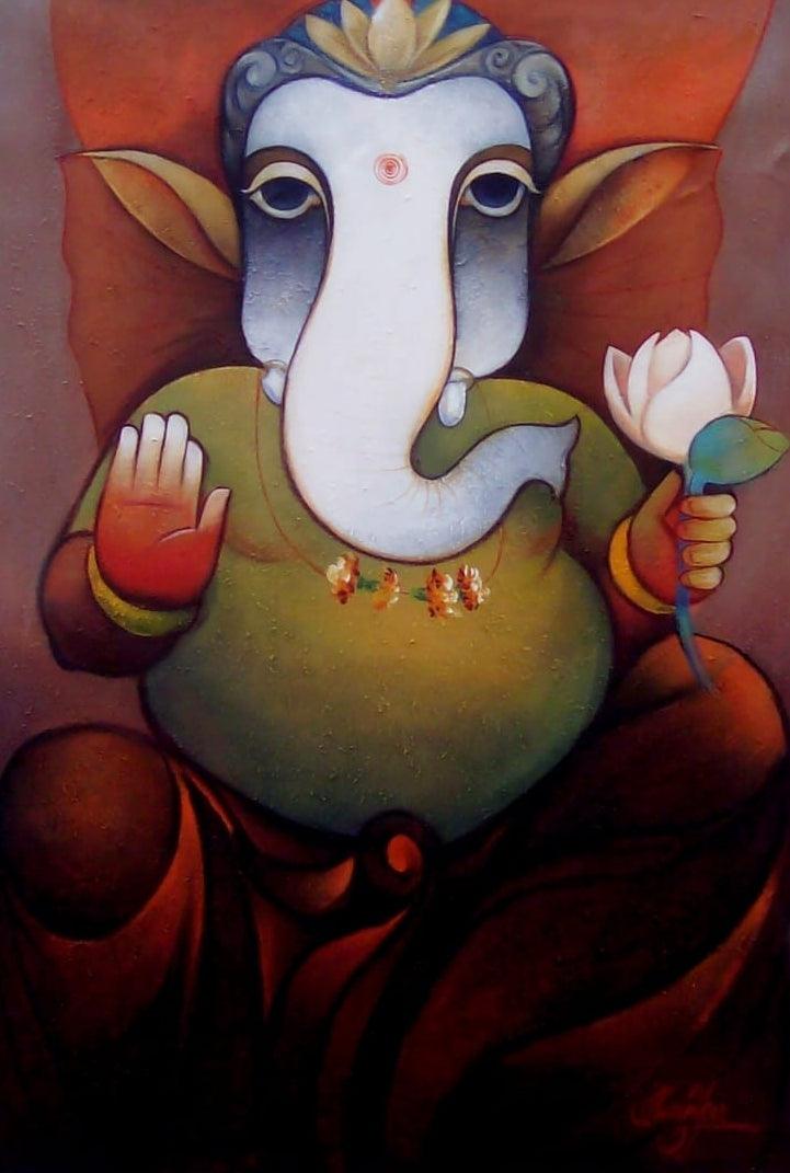 Religious acrylic painting titled 'Vinayaka', 36x27 inches, by artist Ram Onkar on Canvas