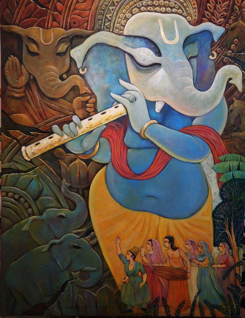 Figurative acrylic painting titled 'Vinayaka', 36x48 inches, by artist Subrata Ghosh on Canvas