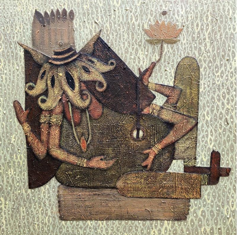 Religious mixed media painting titled 'Vinayaka', 18x18 inches, by artist Pratik Risbud on Canvas