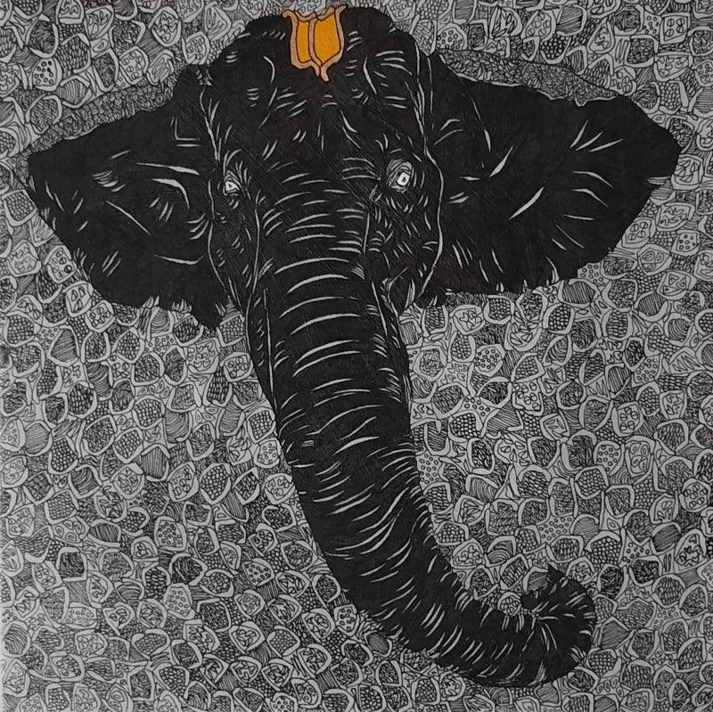 Religious pen drawing titled 'Vinayaka', 12x12 inches, by artist Rama Krishna V on Canvas
