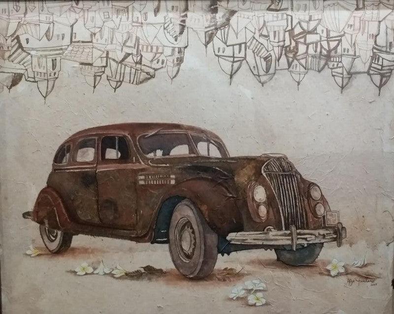 Transportation coffee & watercolor painting titled 'Vintage Car 3', 24x30 inches, by artist Afza Tamkanat on Rice Paper, Canvas