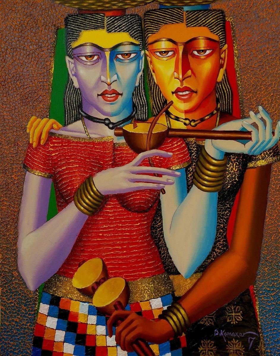 Figurative acrylic oil painting titled 'Violin Sellers', 30x24 inches, by artist Dayanand Kamakar on Canvas