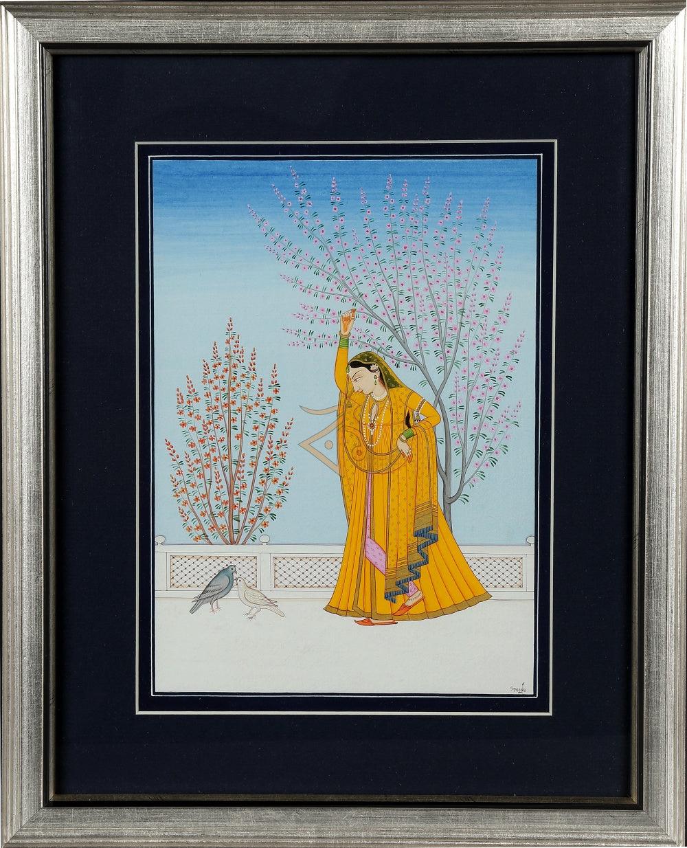 Folk Art mughal traditional art titled 'Virharinayika Kangra Art', 12x10 inches, by artist Kalavithi Art Ventures on Handmade Paper