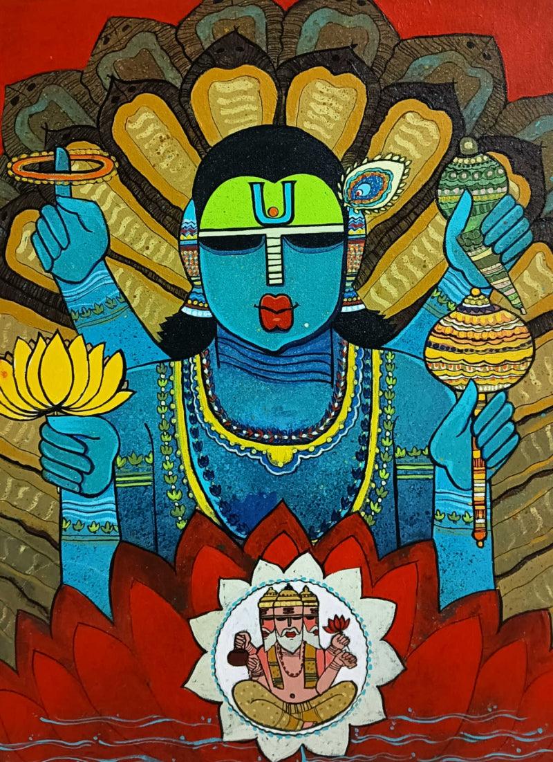 Religious acrylic painting titled 'Vishnu', 24x18 inches, by artist Priyanka Chivte on Canvas