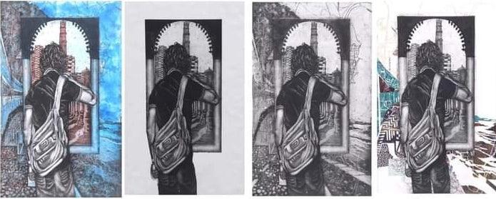 Figurative printmaking titled 'Vision', 32x80 inches, by artist Rajeswara Rao Dadda on Paper
