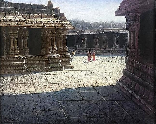 Religious oil painting titled 'Vitthala Temple Hampi 53', 15x18 inches, by artist Pravin Pasare on Canvas