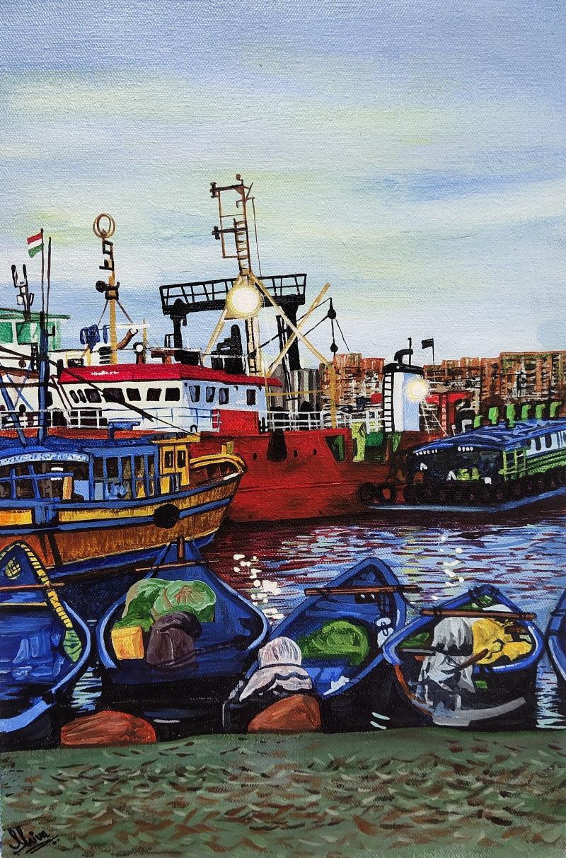 Seascape acrylic painting titled 'Vizag Harbour', 12x8 inches, by artist Shiva Prasad Reddy on Canvas