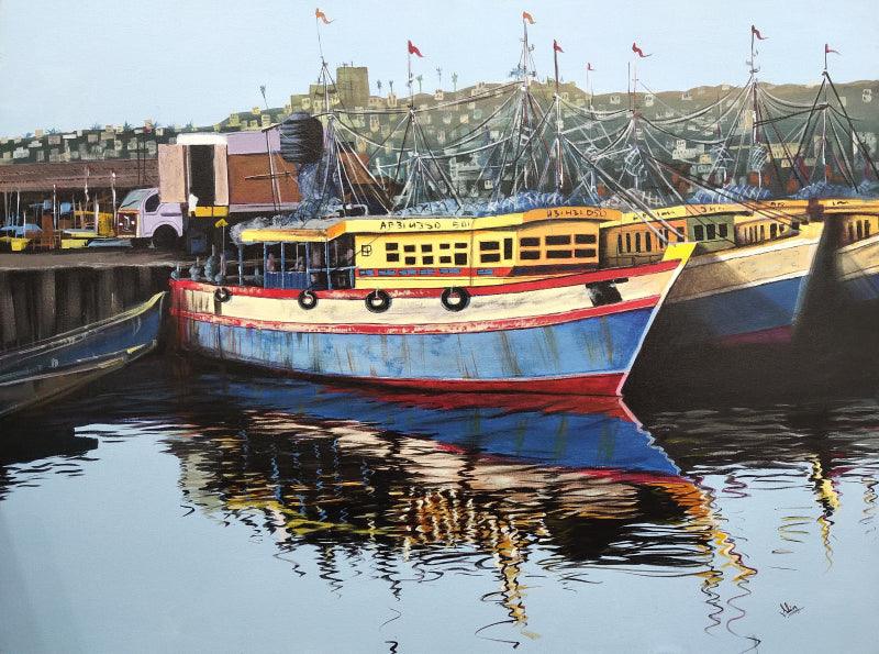 Seascape acrylic painting titled 'Vizag Harbour', 36x48 inches, by artist Shiva Prasad Reddy on Canvas