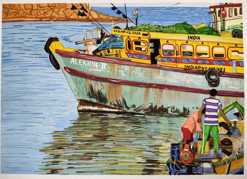 Seascape gouache painting titled 'Vizag harbour', 8x11 inches, by artist Shiva Prasad Reddy on canson paper