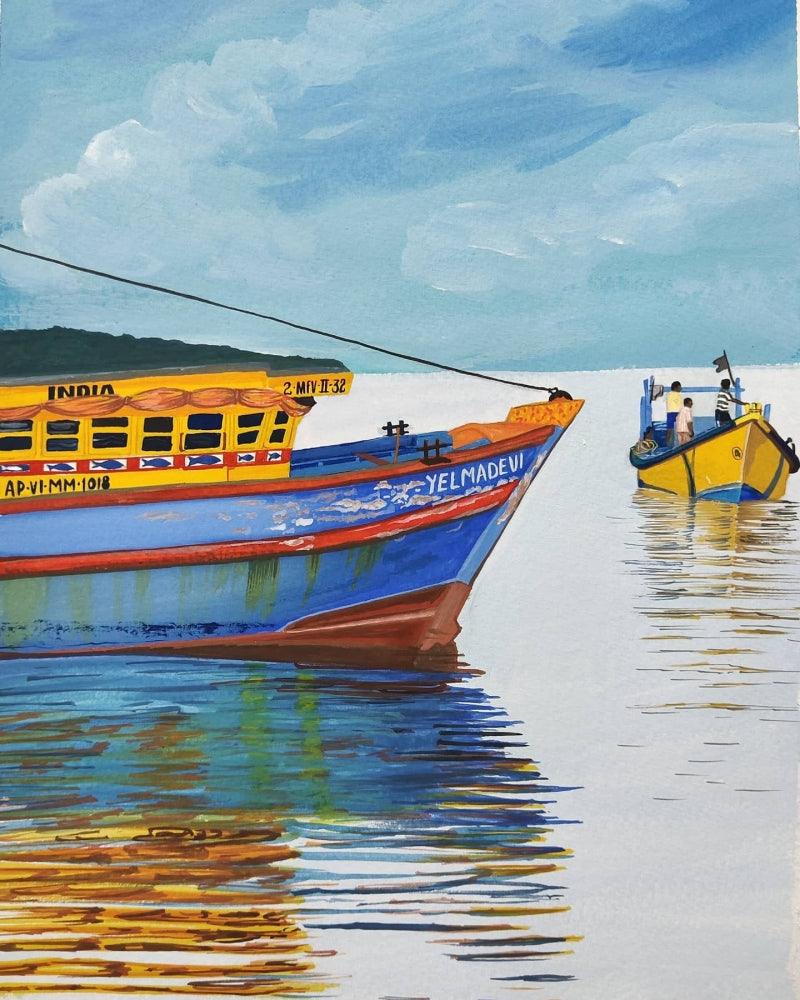 Seascape gouache painting titled 'Vizag harbour', 11x8 inches, by artist Shiva Prasad Reddy on canson paper