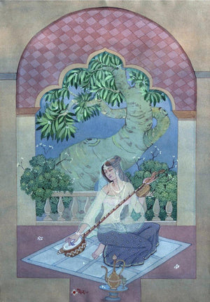 Waiting (Melodies of the Night) by Rina Roy, Original Watercolor Figurative Painting on Paper, Small Vertical Wall Art