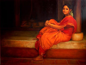Figurative oil painting titled 'Waiting', 18x24 inches, by artist S Elayaraja on Canvas