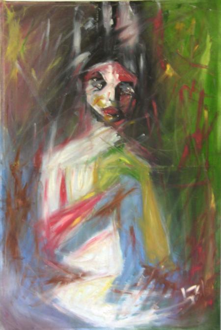 Abstract oil painting titled 'Waiting', 70x47 inches, by artist Tanuj Bhramar on Canvas