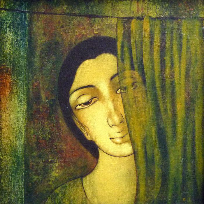 Figurative acrylic painting titled 'Waiting', 15x15 inches, by artist Manoj Aher on Canvas