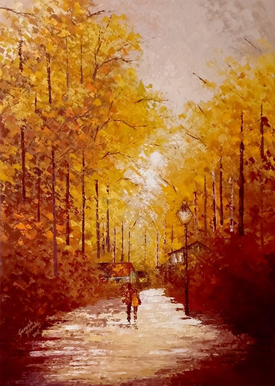Landscape acrylic painting titled 'Walking Towards Sunshine', 26x36 inches, by artist Ganesh Panda on Canvas