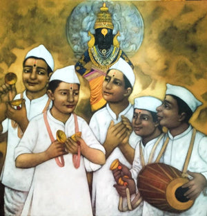 Religious acrylic painting titled 'Warkari', 48x48 inches, by artist Apet Pramod on Canvas