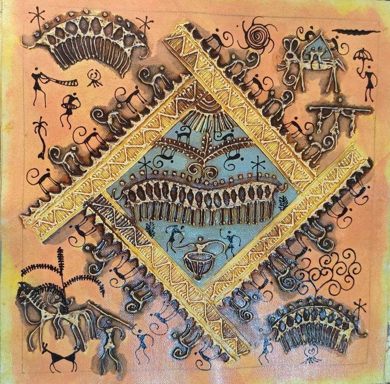 Figurative warli traditional art titled 'Warli Art 15', 12x12 inches, by artist Pradeep Swain on Canvas